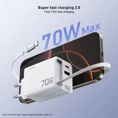 XUNDD XDCH-109 70W GaN Charger Fast Charging Power Adapter with Retractable Type-C Cable