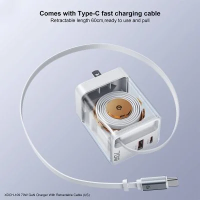 XUNDD XDCH-109 70W GaN Charger Fast Charging Power Adapter with Retractable Type-C Cable