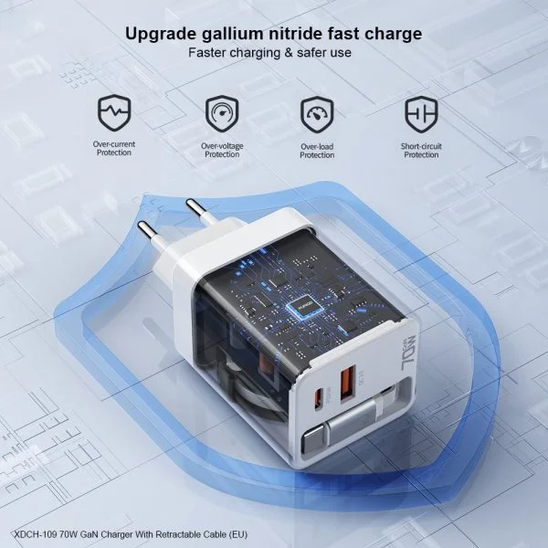 XUNDD XDCH-109 70W GaN Charger Fast Charging Power Adapter with Retractable Type-C Cable