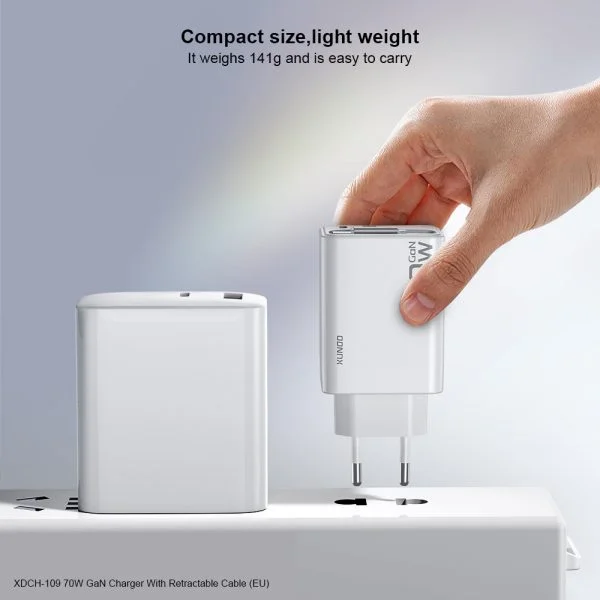 XUNDD XDCH-109 70W GaN Charger Fast Charging Power Adapter with Retractable Type-C Cable