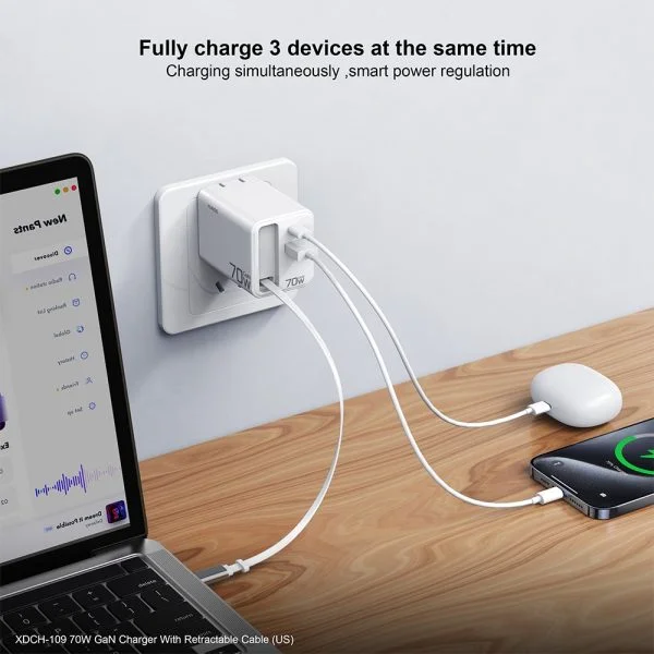 XUNDD XDCH-109 70W GaN Charger Fast Charging Power Adapter with Retractable Type-C Cable