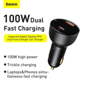 BASEUS Superme Digital Display USB+Type C Dual Port 100W Car Charger