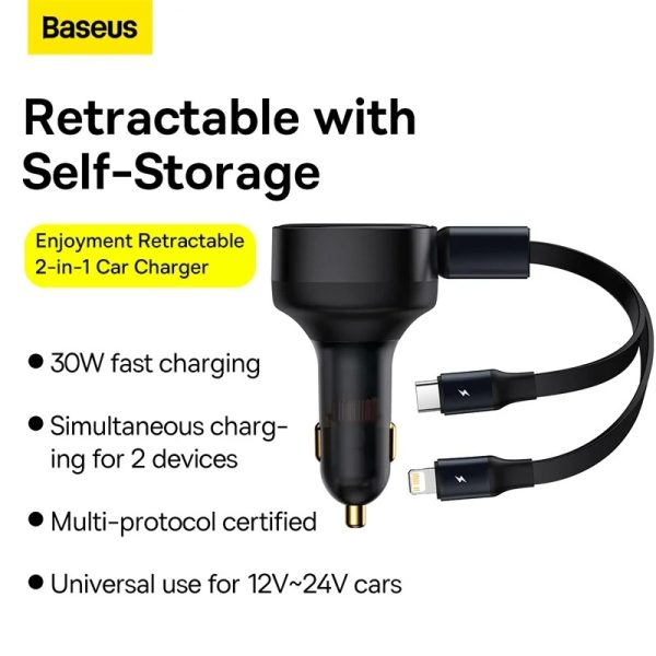 Baseus Enjoyment Retractable 2-in-1 30W Car Charger
